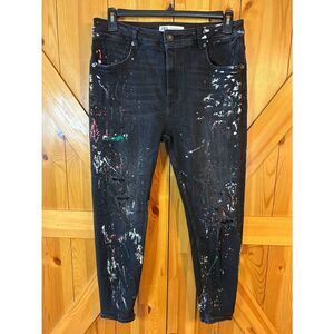 Zara Women Black Distressed Paint Splatter Design Stretch READ Size 34 (8969)